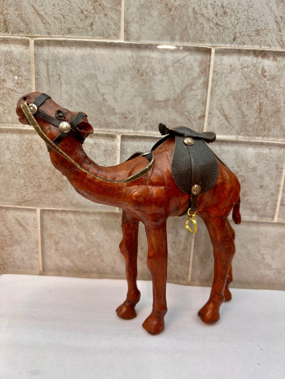 Vintage Camel Sculpture Leather on Hand Carved Wood with Harness & Saddle